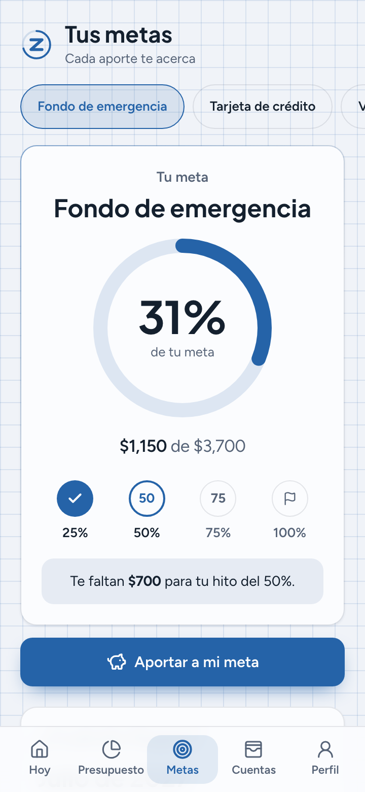 Demo de ZELVA: planificación y seguimiento de metas de ahorro